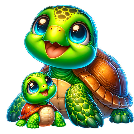A digitally printed fabric panel featuring a large green turtle with a brown shell and a small green turtle with a brown shell, both with cute facial expressions.