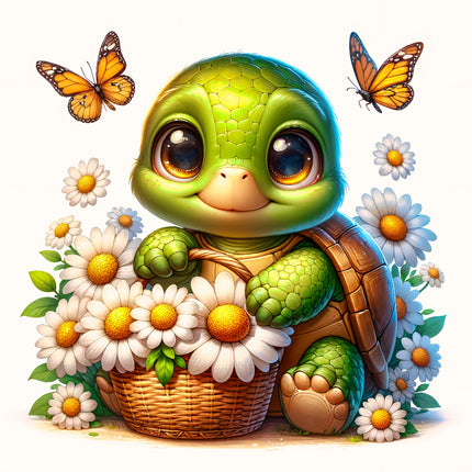 A digitally printed fabric panel featuring a cute baby turtle with a basket of daisies and butterflies around it.