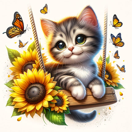 A fabric panel featuring a digital print of a kitten with sunflowers and butterflies.