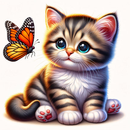 A fabric panel featuring a digital print of a kitten with a butterfly.