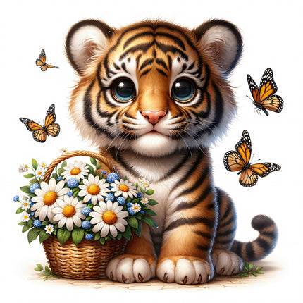 A fabric panel featuring a digital print of a young tiger with a basket of multicolored flowers and butterflies around it.