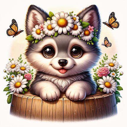 A digitally printed fabric panel featuring a cute baby wolf with flowers and butterflies.