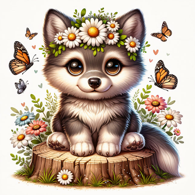 A digitally printed fabric panel featuring a cute baby wolf with a crown of flowers on its head, sitting on a stump surrounded by colorful flowers and butterflies.
