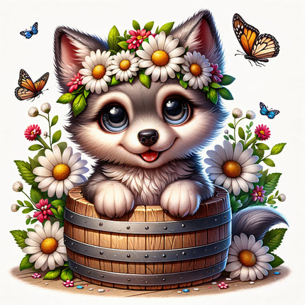 A digitally printed fabric panel featuring a cute baby wolf with flowers and butterflies, seated on a wooden barrel.
