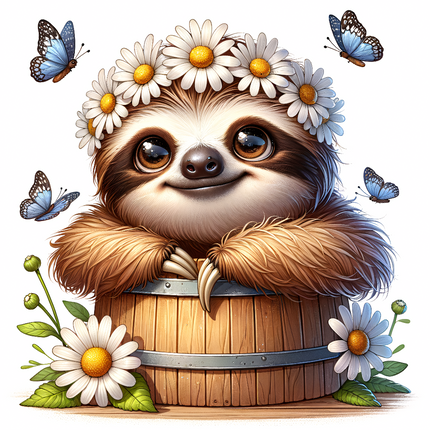 A digitally printed 100% cotton fabric panel featuring a cute sloth with flowers and butterflies on it, seated in a wooden barrel.