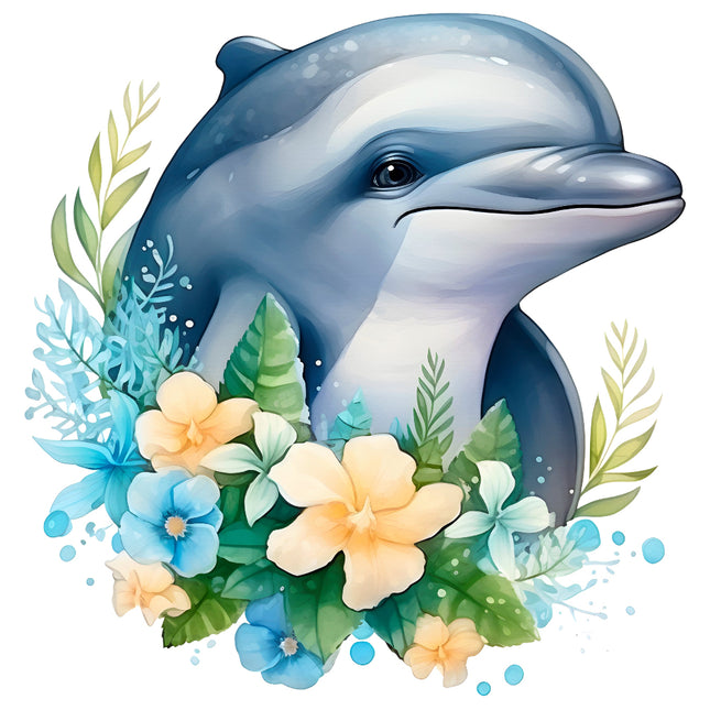 A digitally printed 100% cotton fabric panel featuring a block image of a dolphin with floral designs.