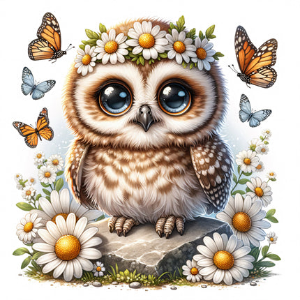 A digitally printed 100% cotton fabric panel featuring a cute owl with flowers and butterflies.