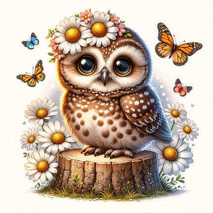 A digitally printed fabric panel featuring an owl with flowers and butterflies on a white background