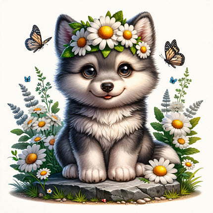A digitally printed fabric panel featuring a cute baby wolf with a crown of daisies on its head, surrounded by a garden with butterlies and more daisies.