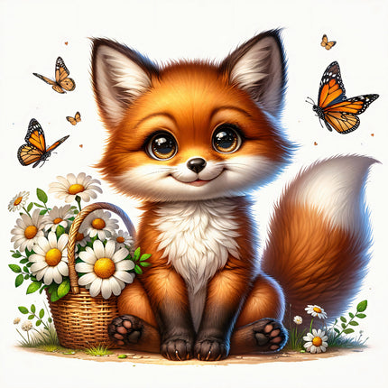A digitally printed fabric panel featuring a cute fox sitting next to a basket of daisies with butterflies flying around.