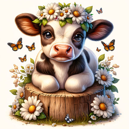 A digitally printed 100% cotton fabric panel featuring a cute cow with a floral wreath on its head, sitting on a stump surrounded by butterflies and flowers.