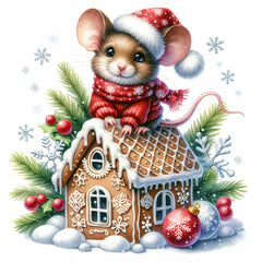 A digitally printed 100% cotton fabric panel featuring a cute mouse wearing a Santa hat, sitting on top of a gingerbread-style house with snow