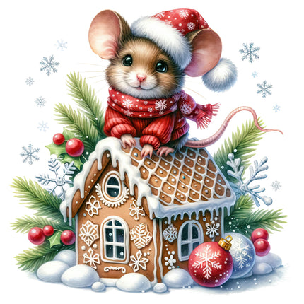 A digitally printed 100% cotton fabric panel featuring a cute mouse wearing a Santa hat, sitting on top of a gingerbread-style house with snow
