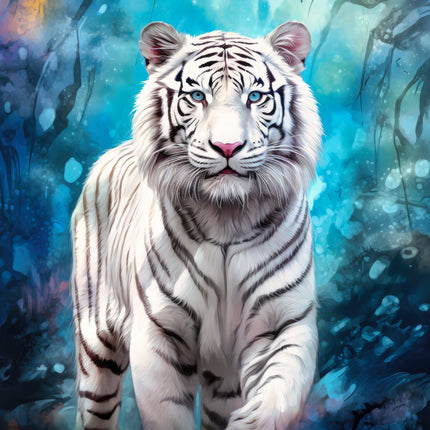 A digitally printed fabric panel featuring a white tiger with blue and turquoise accents in the background.