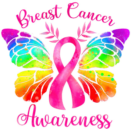 A colorful fabric panel featuring a pink ribbon butterfly design with the text 'Breast Cancer Awareness'.