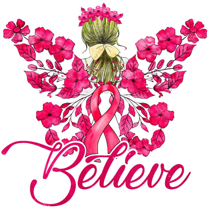 A fabric panel block featuring a pink ribbon butterfly design with floral elements and the word 'Believe' prominently displayed.