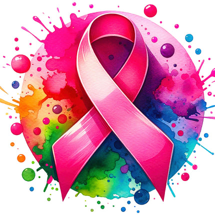 A pink ribbon symbol on a colorful background with watercolor splashes fabric panel