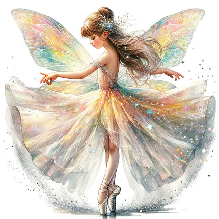 Colorful ballerina fairy with wings and a flowing dress fabric panel