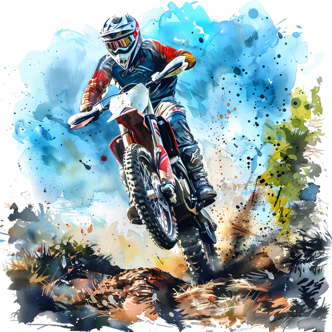 A digitally printed 100% cotton fabric panel featuring a colorful illustration of a person on a dirt bike.