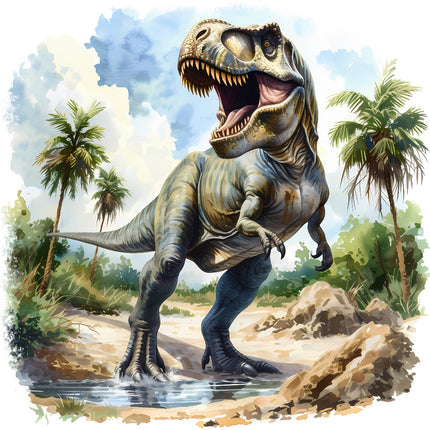 A digitally printed fabric panel featuring a realistic illustration of a dinosaur in a prehistoric landscape with palm trees.