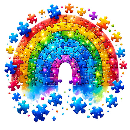 A colorful puzzle piece-shaped fabric panel with a rainbow design, digitally printed on 100% cotton material.