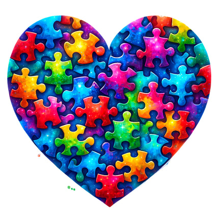 A heart-shaped quilt block panel with multicolored puzzle pieces