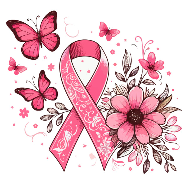 Pink breast cancer awareness ribbon with flowers and butterflies quilt block