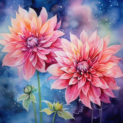 A digitally printed 100% cotton fabric panel featuring two vibrant pink and red dahlia flowers with green foliage against a blue background with stars.