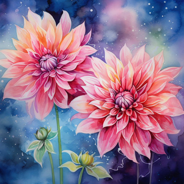 A digitally printed 100% cotton fabric panel featuring two vibrant pink and red dahlia flowers with green foliage against a blue background with stars.