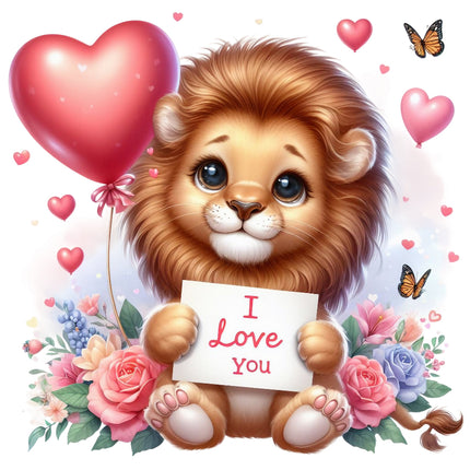 A digitally printed fabric panel featuring a cute cartoon lion holding a sign with the text 'I Love You', surrounded by a heart-shaped balloon, butterflies, and colorful flowers.