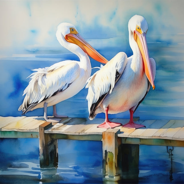 A digitally printed 100% cotton fabric panel featuring two pelicans perched on a wooden jetty with water in the background.