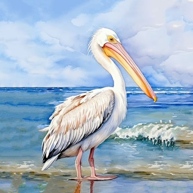 A digitally printed 100% cotton fabric panel featuring a pelican standing on a beach with the ocean in the background.