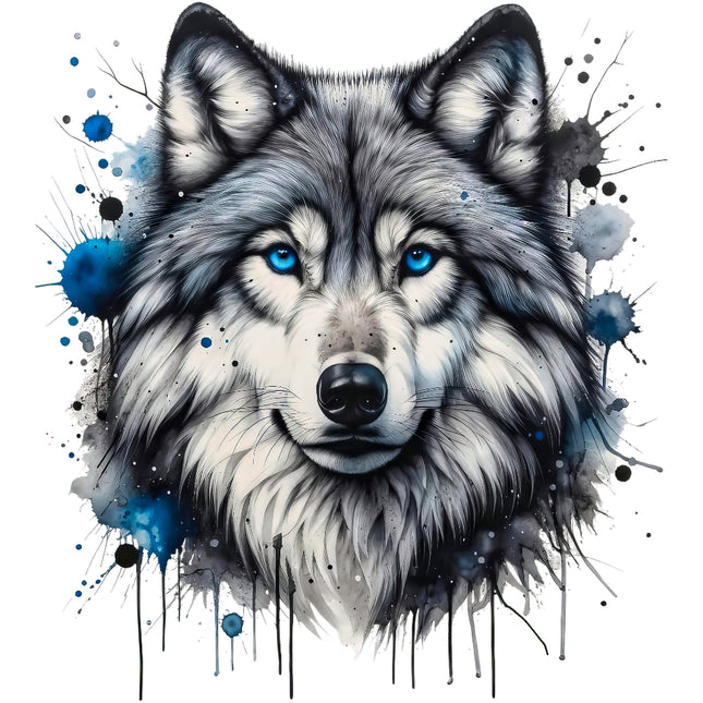A digitally printed 100% cotton fabric panel featuring a block image of a wolf's face with blue splashes around it.