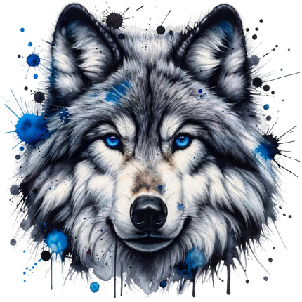 A digitally printed 100% cotton fabric panel featuring a block image of a wolf's face with blue splatters.