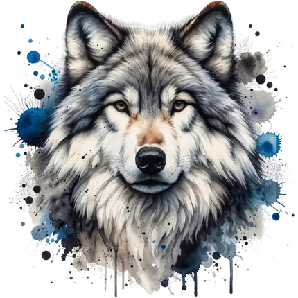 A digitally printed fabric panel featuring a block image of a wolf's face with a splash of blue paint.