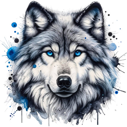 A digitally printed fabric panel featuring a close-up of a wolf's face with blue splashes around it.