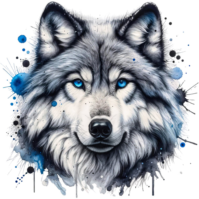 A digitally printed fabric panel featuring a close-up of a wolf's face with blue splashes around it.