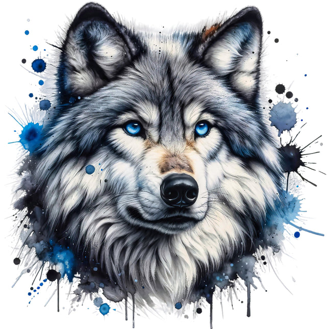 A digitally printed fabric panel featuring a close-up of a wolf's face with blue splashes of paint around it.