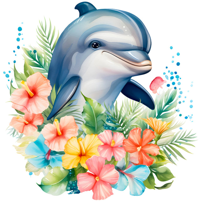 A fabric panel featuring a digitally printed blue dolphin surrounded by colorful flowers.