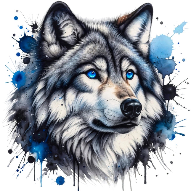 A digitally printed 100% cotton fabric panel featuring a block image of a wolf's head with blue splashes of color around it.