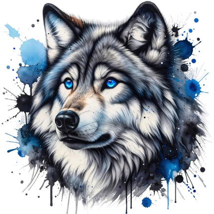 Wolf with blue eyes and watercolor splashes quilt block
