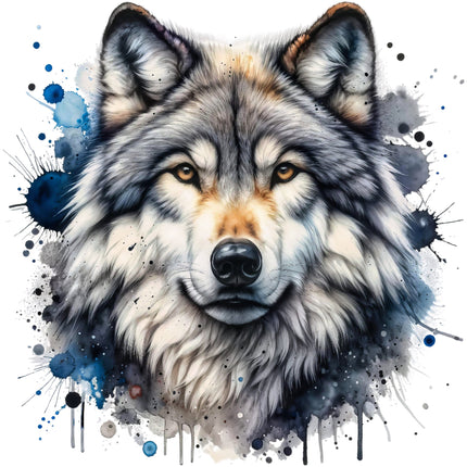 A digitally printed fabric panel featuring a close-up image of a wolf's face with a paint splatter background.
