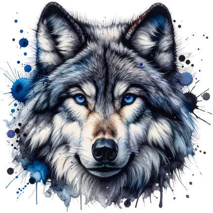 A digitally printed 100% cotton fabric panel featuring a block image of a wolf's face with blue splatters.