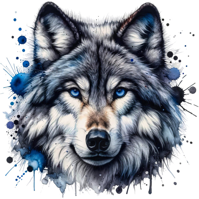 A digitally printed 100% cotton fabric panel featuring a block image of a wolf's face with blue splatters.