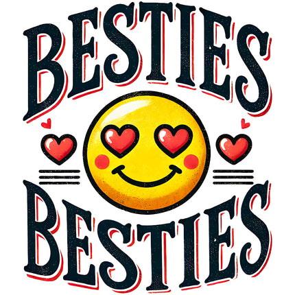 A fabric panel with a design that includes a smiling emoji with hearts around it, and the words 'BESTIES BESTIES' written on it.