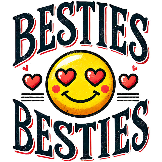 A fabric panel with a design that includes a smiling emoji with hearts around it, and the words 'BESTIES BESTIES' written on it.