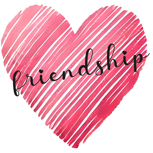 A pink fabric panel with the word 'friendship' written inside a heart shape.