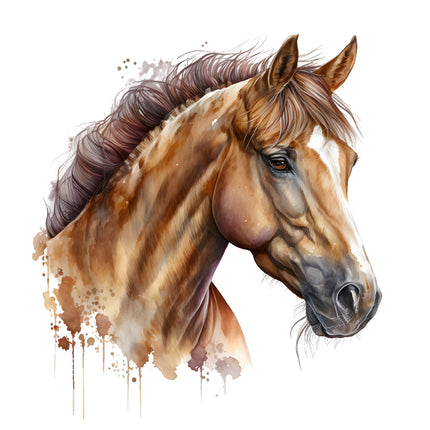 A digitally printed fabric panel featuring a horse's head in brown, tan, and black colors with artistic watercolor splatters in the background.