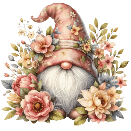A fabric panel featuring a digitally printed gnome with a pink hat and a floral design on a white background.