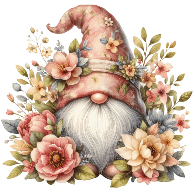 A fabric panel featuring a digitally printed gnome with a pink hat and a floral design on a white background.